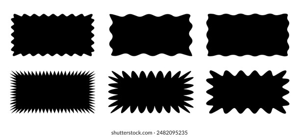 Set of rectangle shape frames with zigzag edge. Uneven zigzag rectangular shapes. Jagged rectangle. Isolated elements for design of text box, badge, banner. Vector illustration