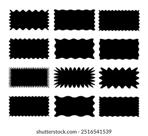 Set of rectangle shape frames with zigzag edge. Uneven zigzag rectangular shapes. Jagged rectangle. Isolated elements for design of text box, badge, banner. Vector illustration