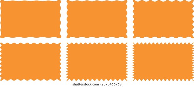 Set of rectangle shape frames with zigzag edge. Uneven zigzag rectangular shapes. Abstract elements for promo material, web template, stickers, or social media design. Vector illustration.