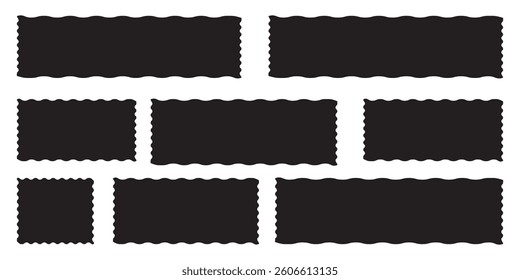 Set of rectangle shape frames with zigzag edge. Uneven zigzag rectangular shapes. Jagged rectangle. Isolated elements for design of text box, badge, banner. Vector illustration