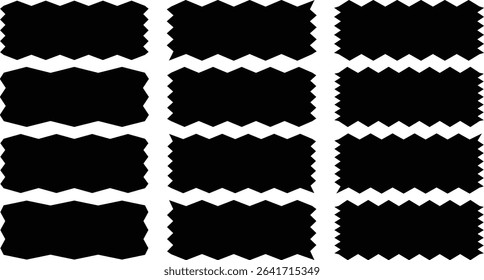Set of rectangle shape frames with zigzag edge. Uneven zigzag rectangular shapes. Jagged rectangle. Isolated elements for design of text box, badge, banner. Vector illustration, EPS 10.