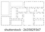 Set of rectangle shapes with dashed lines. Dotted geometric figures isolated on white background. Cut here pictograms for paper coupons or sale tags. Vector outline illustration.