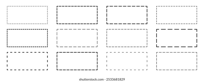 Conjunto de formas retangulares com linhas tracejadas. Figuras geométricas pontilhadas isoladas sobre fundo branco. Recorte aqui pictogramas para cupons de papel ou etiquetas de venda. Ilustração de contorno de vetor.