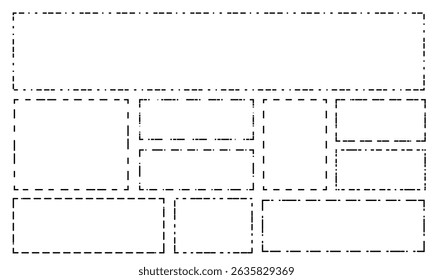 Set of rectangle shapes with dashed lines. Dotted geometric figures isolated on white background. Cut here pictograms for paper coupons or sale tags. Vector outline illustration.