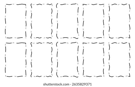 Set of rectangle shapes with dashed lines. Dotted geometric figures isolated on white background. Cut here pictograms for paper coupons or sale tags. Vector outline illustration.