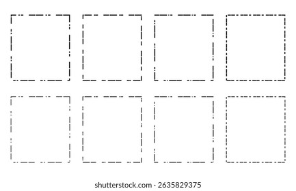Set of rectangle shapes with dashed lines. Dotted geometric figures isolated on white background. Cut here pictograms for paper coupons or sale tags. Vector outline illustration.