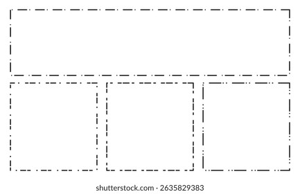 Set of rectangle shapes with dashed lines. Dotted geometric figures isolated on white background. Cut here pictograms for paper coupons or sale tags. Vector outline illustration.