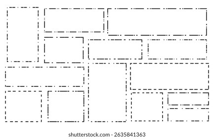 Set of rectangle shapes with dashed lines. Dotted geometric figures isolated on white background. Cut here pictograms for paper coupons or sale tags. Vector outline illustration.