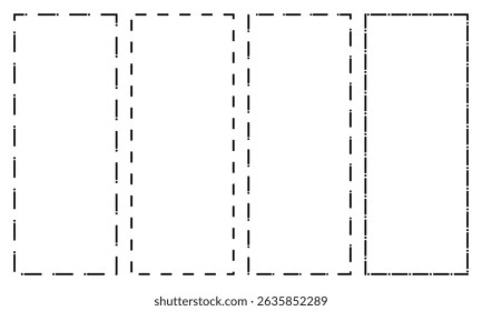 Set of rectangle shapes with dashed lines. Dotted geometric figures isolated on white background. Cut here pictograms for paper coupons or sale tags. Vector outline illustration