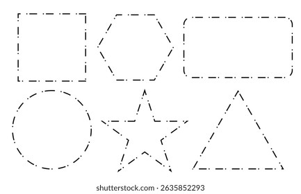 Set of rectangle shapes with dashed lines. Dotted geometric figures isolated on white background. Cut here pictograms for paper coupons or sale tags. Vector outline illustration