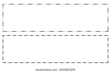 Set of rectangle shapes with dashed lines. Dotted geometric figures isolated on white background. Cut here pictograms for paper coupons or sale tags. Vector outline illustration