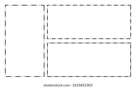 Set of rectangle shapes with dashed lines. Dotted geometric figures isolated on white background. Cut here pictograms for paper coupons or sale tags. Vector outline illustration