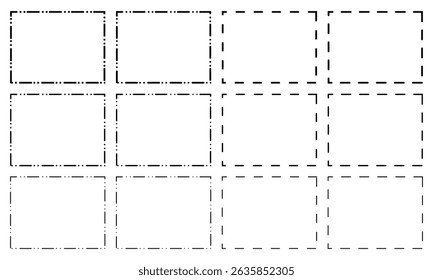 Set of rectangle shapes with dashed lines. Dotted geometric figures isolated on white background. Cut here pictograms for paper coupons or sale tags. Vector outline illustration