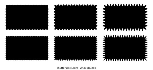 Set or rectangle shapes with wiggly borders. Empty tag, price sticker, stamp, sale coupon, promo code label templates with wavy edges isolated on white background. Vector flat illustration.