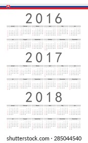 Set of rectangle Slovak 2016, 2017, 2018 year vector calendars. Week starts from Sunday.