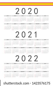 Set of rectangle Spanish 2020, 2021, 2022 year vector calendars. Week starts from Sunday.
