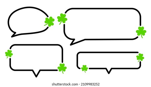 Set of rectangle speech bubbles with green clover sign. Saint Patrick's Day. Lucky symbol. Vector illustration.