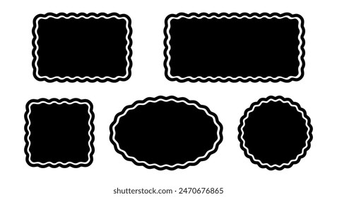 Set of rectangle, square, oval and circle shapes with wavy edges. Geometric firms with scalloped borders. Empty text boxes, tags or labels isolated on white background. Vector graphic illustration.