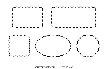 Conjunto de marcos rectangulares, cuadrados, ovalados y circulares con bordes ondulados. Formas geométricas simples con bordes ondulados. Cuadros de texto, etiquetas o etiquetas vacíos aislados sobre fondo blanco. Ilustración gráfica de Vector