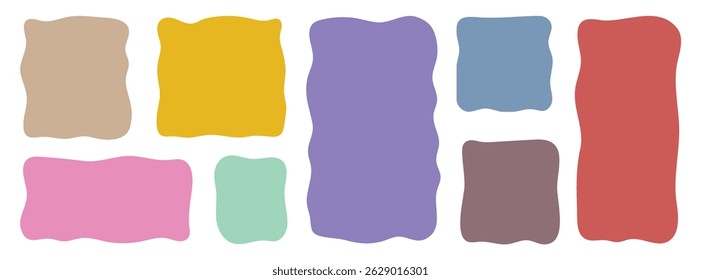 Set rectangle and square paper quote frames, quote text box, empty form with wavy edge. Abstract doodle liquid shapes. Hand drawn speech bubble. Colorful wavy textured organic rectangles and squares.