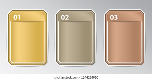 Set of rectangle stickers with numbers and signs in gold, silver and bronze colors for infographic.