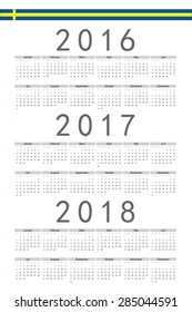 Set of rectangle Swedish 2016, 2017, 2018 year vector calendars. Week starts from Sunday.