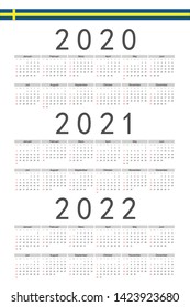 Set of rectangle Swedish 2020, 2021, 2022 year vector calendars. Week starts from Sunday.