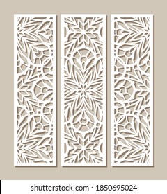 Set of rectangle tiles with cutout paper swirls, floral lace texture, vector ornamental panels with line pattern, elegant template for laser cutting or wood carving