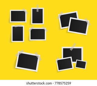 Set of rectangle vector photo frames on sticky tape on yellow background. Template photo design. Vector illustration