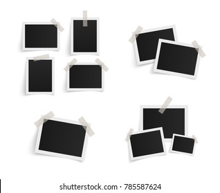 Set of rectangle vector photo frames on sticky tape on white background. Template photo design. Vector illustration