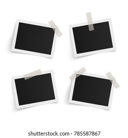 Set of rectangle vector photo frames on sticky tape on white background. Template photo design. Vector illustration