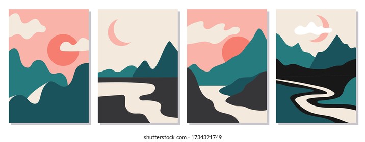 A set of rectangular abstract landscapes. Sun, Moon, mountains, clouds, rivers, plants. Asian design. Japanese motives. Layouts for social networks, ads, banners, posters. vector illustration