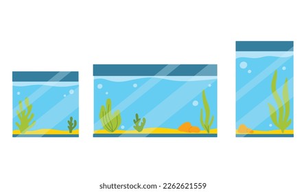 Set of Rectangular Aquariums. Collection of Aquariums with algae in flat style. Vector illustration. Empty isolated aquarium in cartoon style.