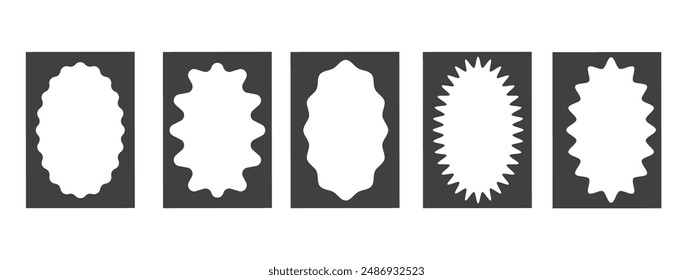 Set of rectangular black frames with wavy oval inner borders. Retro frames with zigzag blurred edges. Decorative design elements, for cards, photos, invitations. Vector illustration.