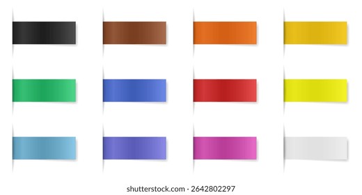Conjunto de marcadores retangulares. Fitas tiras de papel podem ser inseridas em um livro ou revista. Orientação horizontal. Rótulos multicoloridos com sombras