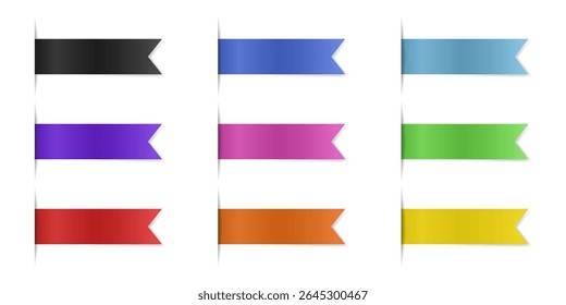 Set of rectangular bookmarks. Thin strips of paper can be inserted into a book or magazine. Horizontal orientation. Multicolored labels with shadows. Flag shape	