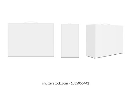 Set of rectangular boxes with handle, front and side view, isolated on white background. Vector illustration