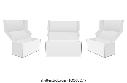 Set of rectangular cardboard opened boxes with various views, isolated on white background. Vector illustration