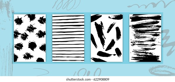 Set of Rectangular Cards with Abstract Monochrome Paints Design for Holidays Days Stock Vector Illustration