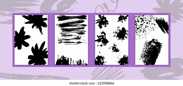 Set of Rectangular Cards with Abstract Monochrome Paints Design for Holidays Days Stock Vector Illustration