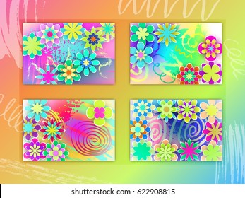 Set of Rectangular Cards with Colorful Paper Flowers Beautiful Design for Holidays Days Stock Vector Illustration