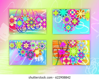 Set of Rectangular Cards with Colorful Paper Flowers Beautiful Design for Holidays Days Stock Vector Illustration