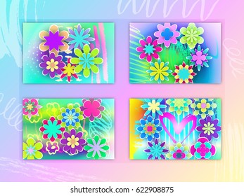 Set of Rectangular Cards with Colorful Paper Flowers Beautiful Design for Holidays Days Stock Vector Illustration