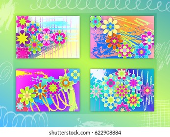 Set of Rectangular Cards with Colorful Paper Flowers Beautiful Design for Holidays Days Stock Vector Illustration