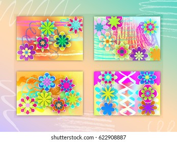 Set of Rectangular Cards with Colorful Paper Flowers Beautiful Design for Holidays Days Stock Vector Illustration