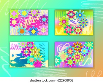 Set of Rectangular Cards with Colorful Paper Flowers Beautiful Design for Holidays Days Stock Vector Illustration