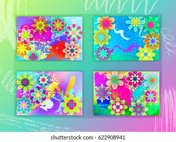 Set of Rectangular Cards with Colorful Paper Flowers Beautiful Design for Holidays Days Stock Vector Illustration