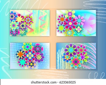 Set of Rectangular Cards with Colorful Paper Flowers Beautiful Design for Holidays Days 
Art Stock Vector Illustration
