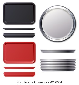 Set of rectangular and circle red black plastic or metal tray salver. Vector illustration 