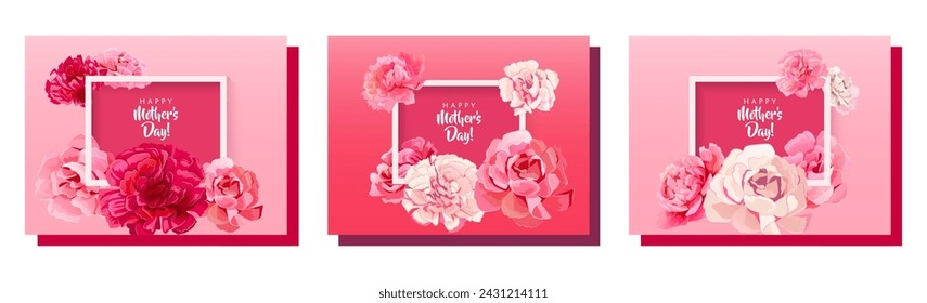 Set of rectangular congratulation cards for Mother's Day. Frames with pink, red, white carnation flowers on bright background. Template for mother greeting. Realistic illustration in watercolor style